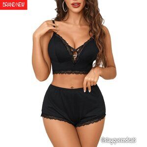 Sexy V-Neck Pajama Set with Lace Trim, 2-Piece Sleepwear